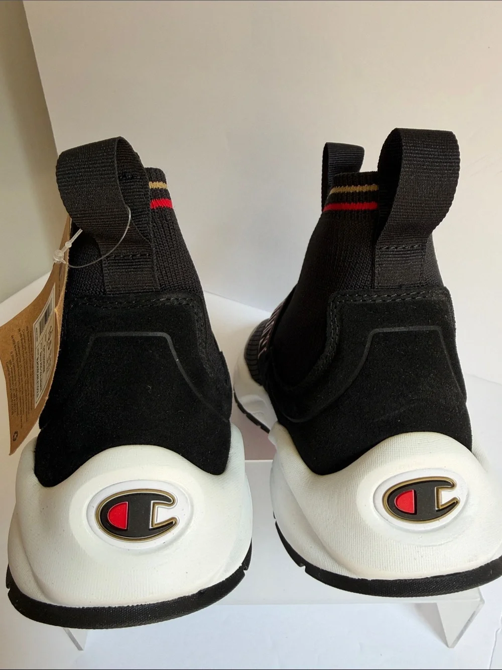 Champion Black Slip-On Knit Sneakers with Red and Gold Trim NWT 10.5